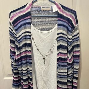Alfred Dunner Navy, White & Pink Striped Open Cardigan